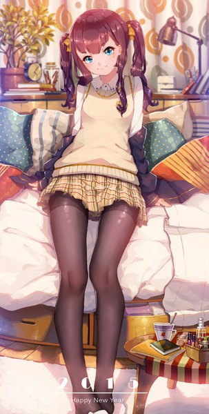 Anime picture 1010x2000 with original fangxiang cuoluan single long hair tall image looking at viewer blue eyes smile brown hair twintails new year happy new year girl skirt pantyhose pillow bed sweater