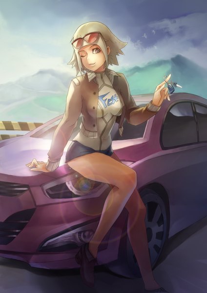 Anime picture 2480x3507 with original lascalis (artist) single tall image looking at viewer highres short hair brown eyes sky cloud (clouds) one eye closed green hair wink mountain sunglasses on head girl shorts ring sunglasses ground vehicle