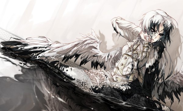 Anime picture 1408x853 with original tervola single long hair wide image sitting white hair shadow grey eyes monochrome angel wings angel jpeg artifacts girl paint