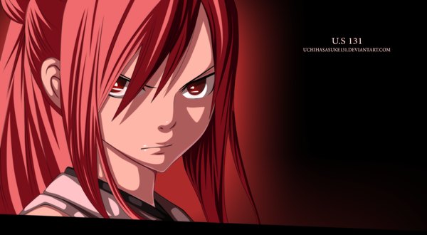 Anime picture 1400x772 with fairy tail erza scarlet gray-dous single long hair simple background red eyes wide image ponytail red hair coloring black background portrait close-up girl