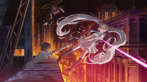 Anime picture 1243x694 with original juumonji long hair wide image twintails white hair very long hair night sweat outstretched arm city sweatdrop cityscape science fiction shot girl boy uniform school uniform building (buildings)