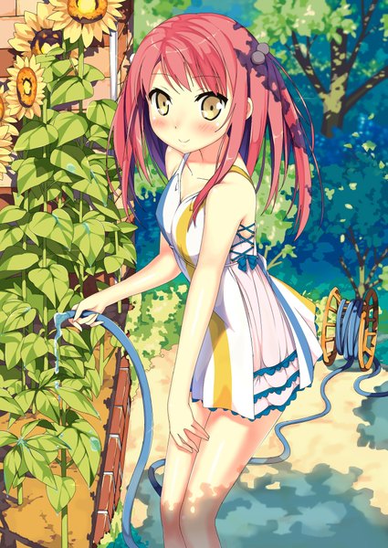 Anime picture 1455x2053 with original kawai (purplrpouni) single long hair tall image looking at viewer blush fringe smile twintails bare shoulders holding yellow eyes pink hair sunlight bare legs kantoku (style) girl dress hair ornament