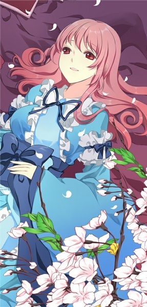 Anime picture 479x1000 with touhou saigyouji yuyuko roh nam kyung single long hair tall image open mouth red eyes pink hair lying girl dress flower (flowers) petals