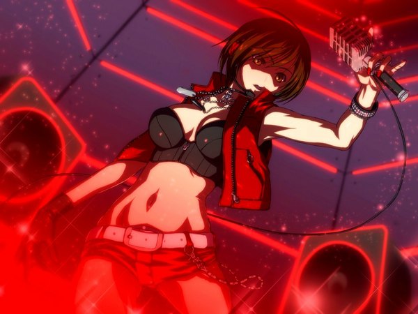 Anime picture 1024x768 with vocaloid meiko iga tomoteru short hair light erotic black hair brown eyes cleavage open clothes open jacket music girl navel shorts headphones microphone