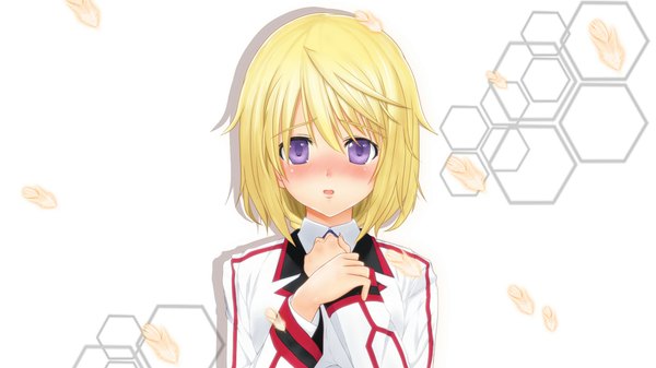 Anime picture 1920x1080 with infinite stratos 8bit charles dunois single looking at viewer blush highres short hair open mouth blonde hair wide image purple eyes girl uniform school uniform feather (feathers)