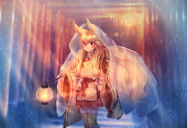 Anime picture 1000x685 with pokemon nintendo ninetales moe (hamhamham) single long hair looking at viewer blush fringe blonde hair hair between eyes red eyes holding animal ears tail long sleeves traditional clothes animal tail wide sleeves :o