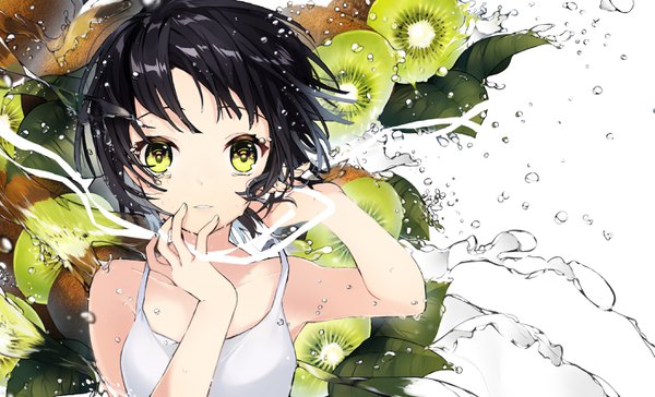 Anime picture 2835x1720 with original sogawa single looking at viewer fringe highres short hair black hair wide image white background bare shoulders green eyes upper body parted lips arms up girl water fruit kiwi