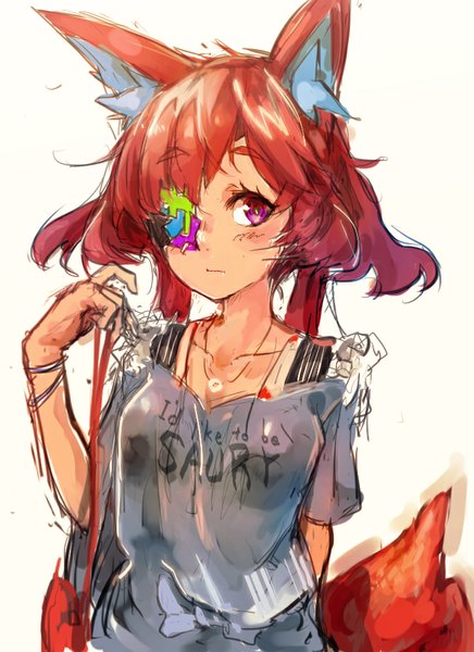 Anime picture 727x1000 with original maido mido single tall image looking at viewer blush fringe short hair simple background animal ears tail animal tail pink eyes orange hair fox ears fox tail fox girl covering eye (eyes) girl bracelet