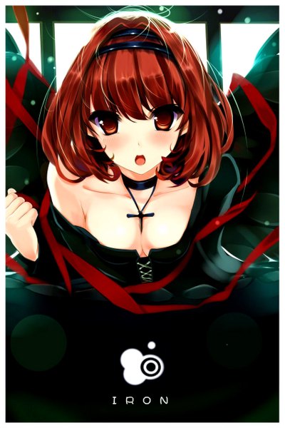 Anime picture 853x1280 with original iron (huyiyang) single tall image looking at viewer blush short hair open mouth red eyes red hair girl dress hairband cross