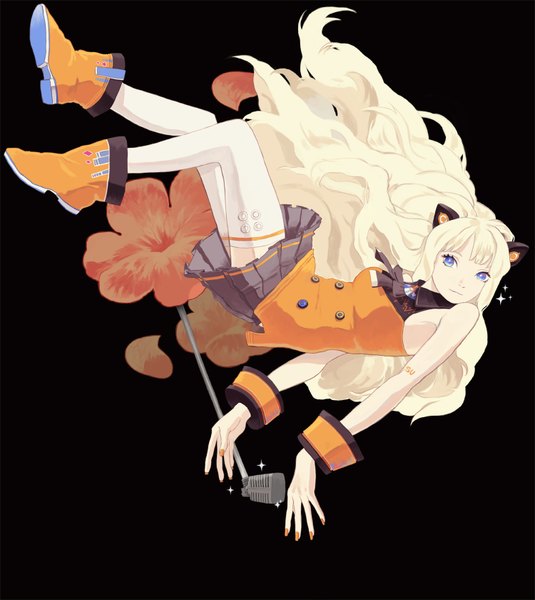 Anime picture 1500x1680 with vocaloid seeu maedubi (artist) single long hair tall image blonde hair purple eyes black background girl thighhighs flower (flowers) white thighhighs microphone