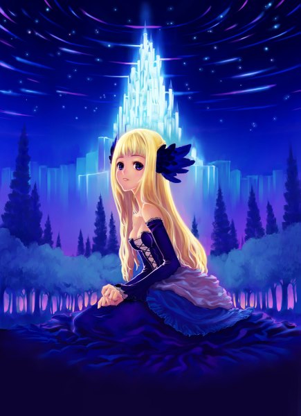 Anime picture 871x1200 with odin sphere vanillaware gwendolyn starnlei (artist) single long hair tall image looking at viewer fringe breasts blonde hair sitting purple eyes bare shoulders bent knee (knees) parted lips night night sky lacing glow