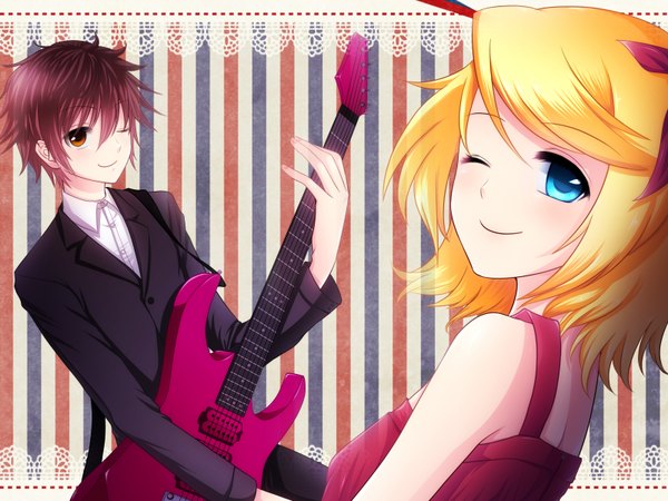 Anime picture 1600x1200 with vocaloid kagamine rin short hair blue eyes blonde hair brown eyes red hair one eye closed wink striped striped background girl boy musical instrument guitar