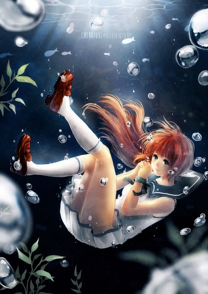 Anime picture 992x1403 with nagi no asukara p.a. works mukaido manaka cherriuki single long hair tall image blue eyes brown hair underwater girl skirt uniform school uniform animal socks white socks fish (fishes)