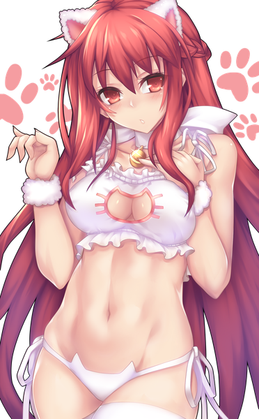 Anime picture 1385x2230 with elsword elesis (elsword) fi-san single long hair tall image blush fringe breasts open mouth light erotic hair between eyes red eyes large breasts animal ears looking away cleavage red hair cat ears underwear only
