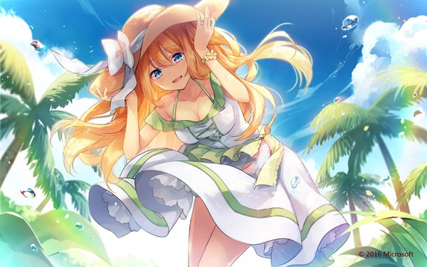Anime picture 2560x1600 with microsoft aizawa hikaru shinia single long hair looking at viewer fringe highres breasts open mouth blue eyes blonde hair smile hair between eyes sky cleavage cloud (clouds) outdoors wind arms up
