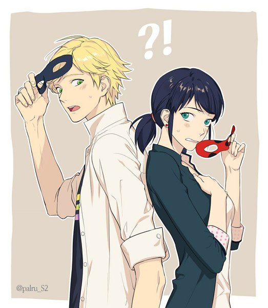 Anime picture 708x812 with miraculous ladybug marinette cheng adrien agreste krafthoney tall image short hair open mouth blonde hair simple background twintails holding green eyes blue hair looking back aqua eyes open jacket embarrassed couple low twintails hand on chest