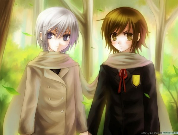 Anime picture 1010x768 with junjou romantica studio deen usami akihiko kamijou hiroki blush short hair brown hair brown eyes grey hair multiple boys grey eyes holding hands boy plant (plants) tree (trees) scarf 2 boys forest autumn leaves