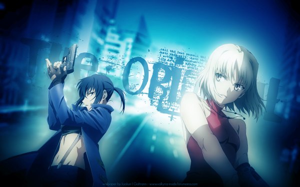 Anime picture 1920x1200 with canaan type-moon alphard canaan (character) highres wide image signed blue background gun