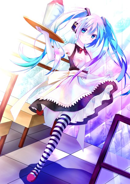 Anime picture 1181x1670 with vocaloid hatsune miku single long hair tall image looking at viewer blush twintails multicolored hair aqua eyes aqua hair girl thighhighs dress food sweets headphones striped thighhighs ice cream