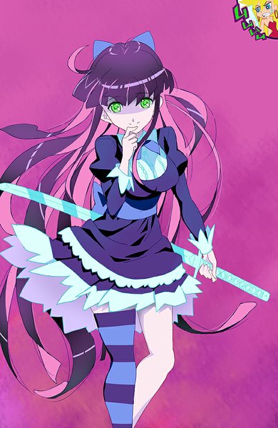 Anime picture 650x1000 with panty & stocking with garterbelt anarchy stocking anarchy panty kawasaki kazuhiko long hair tall image fringe blue eyes simple background blonde hair smile multiple girls green eyes purple hair very long hair multicolored hair two-tone hair finger to mouth pink background colored inner hair