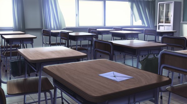 Anime picture 1000x558 with original suchfolder wide image no people classroom window curtains desk letter