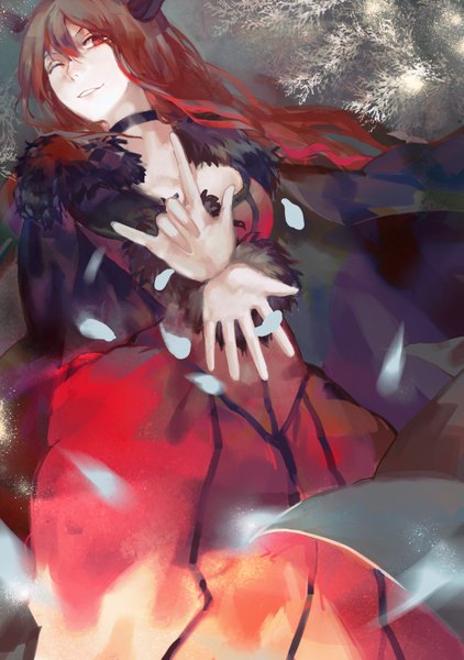 Anime picture 2079x2953 with maoyuu maou yuusha arms corporation maou (maoyuu) nibanmachi wakai single long hair tall image looking at viewer fringe highres breasts smile red eyes large breasts cleavage red hair one eye closed horn (horns) wink from below