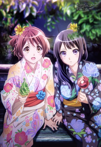 Anime picture 4087x5930 with hibike! euphonium kyoto animation megami magazine kousaka reina oumae kumiko ikeda shouko long hair tall image highres open mouth black hair brown hair purple eyes multiple girls brown eyes absurdres traditional clothes japanese clothes hair flower official art