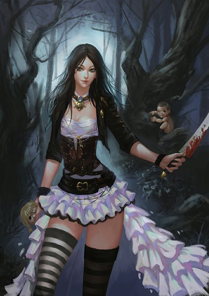 Anime picture 707x1000 with original bear (u4680) single long hair tall image breasts black hair smile holding green eyes light smile lips bloody weapon girl thighhighs skirt weapon miniskirt tree (trees) jacket