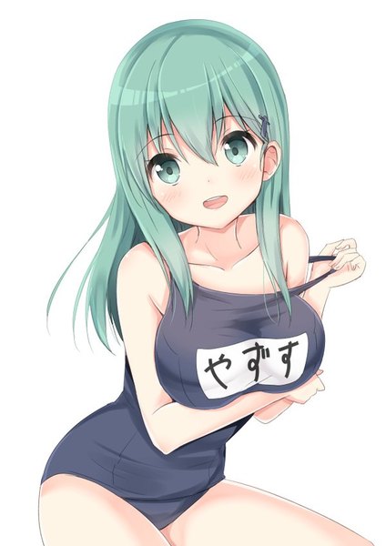 Anime picture 600x849 with kantai collection suzuya heavy cruiser tagme (artist) single long hair tall image looking at viewer blush fringe breasts open mouth light erotic simple background smile hair between eyes large breasts white background green eyes green hair underboob