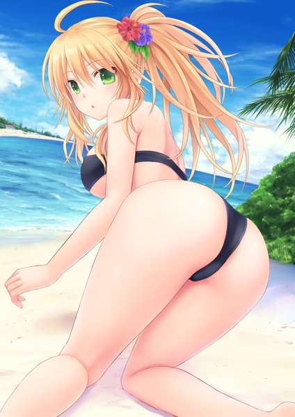 Anime picture 1447x2046 with idolmaster hoshii miki n.g. single long hair tall image light erotic blonde hair green eyes sky cloud (clouds) ass ponytail looking back hair flower beach girl hair ornament flower (flowers) swimsuit