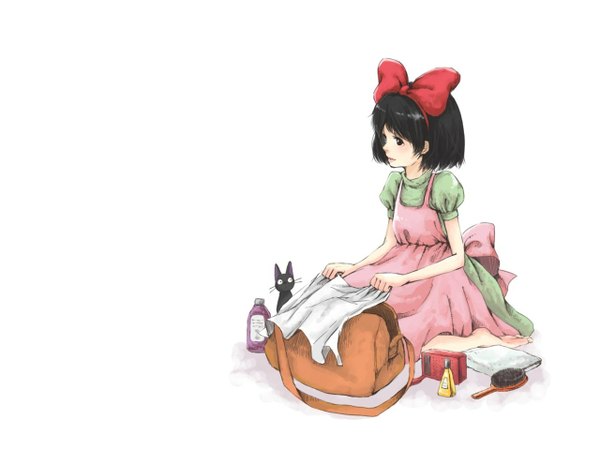 Anime picture 1280x960 with kiki's delivery service studio ghibli kiki jiji short hair black hair simple background white background sitting looking away barefoot black eyes no shoes kneeling girl dress bow hair bow apron cat