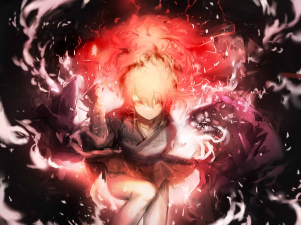 Anime picture 2330x1748 with original pixiv fantasia pixiv fantasia t sa'yuki single fringe highres short hair breasts blonde hair smile hair between eyes yellow eyes payot looking away bent knee (knees) red hair traditional clothes japanese clothes multicolored hair