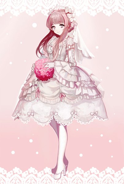 Anime picture 800x1189 with original juexing (moemoe3345) single long hair tall image looking at viewer purple eyes pink hair high heels girl thighhighs dress gloves flower (flowers) ribbon (ribbons) white thighhighs frills white gloves white dress bouquet