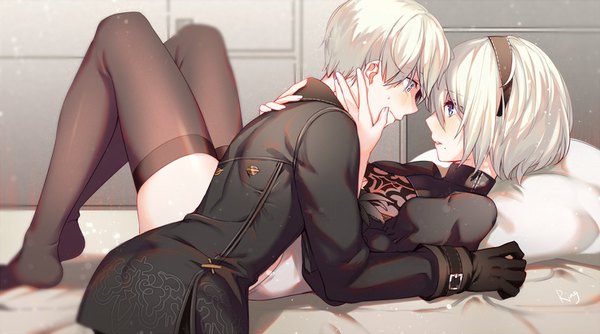Anime picture 1476x822 with nier nier:automata yorha no. 2 type b yorha no. 9 type s aki663 blush short hair blue eyes light erotic wide image signed bent knee (knees) white hair long sleeves profile mole on back sweat embarrassed no shoes