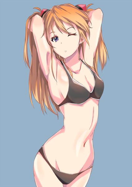 Anime picture 800x1129 with neon genesis evangelion gainax soryu asuka langley kameponde single long hair tall image looking at viewer light erotic simple background standing purple eyes twintails bare shoulders one eye closed orange hair bare legs underwear only blue background hands behind back