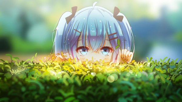 Anime picture 1228x691 with vocaloid hatsune miku magicians (zhkahogigzkh) single long hair looking at viewer blue eyes wide image twintails signed blue hair outdoors blurry depth of field lens flare girl hair ornament plant (plants) hairclip