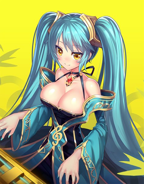 Anime picture 786x1000 with league of legends sona buvelle ririko (zhuoyandesailaer) single tall image blush fringe breasts light erotic simple background smile large breasts bare shoulders yellow eyes very long hair nail polish fingernails aqua hair yellow background aqua nail polish