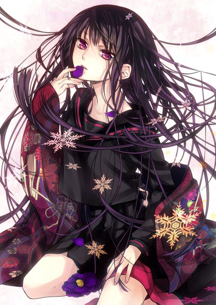 Anime picture 1467x2066 with murakami yuichi single long hair tall image looking at viewer open mouth black hair red eyes sitting purple eyes traditional clothes japanese clothes snow girl uniform flower (flowers) school uniform petals kimono snowflake (snowflakes)