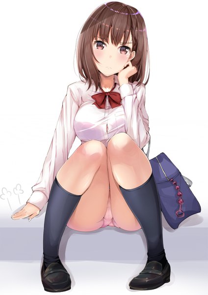 Anime picture 1061x1500 with original fay (fay axl) single tall image looking at viewer blush short hair light erotic simple background brown hair white background sitting brown eyes full body bent knee (knees) head tilt arm support pantyshot pantyshot sitting girl