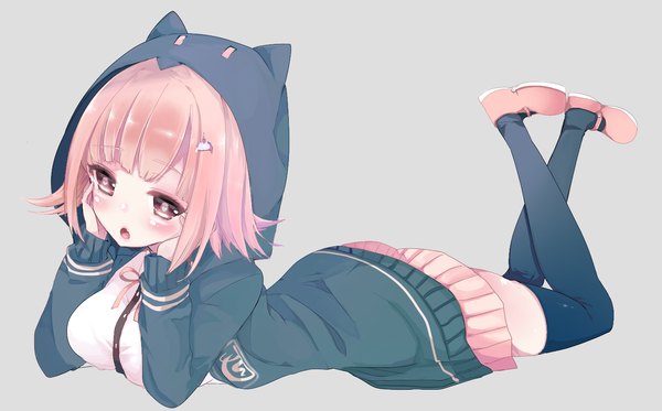 Anime picture 1428x888 with dangan ronpa danganronpa 3 super dangan ronpa 2 nanami chiaki matsudamaiko single blush fringe short hair simple background wide image animal ears looking away pink hair bent knee (knees) lying pleated skirt pink eyes cat ears grey background