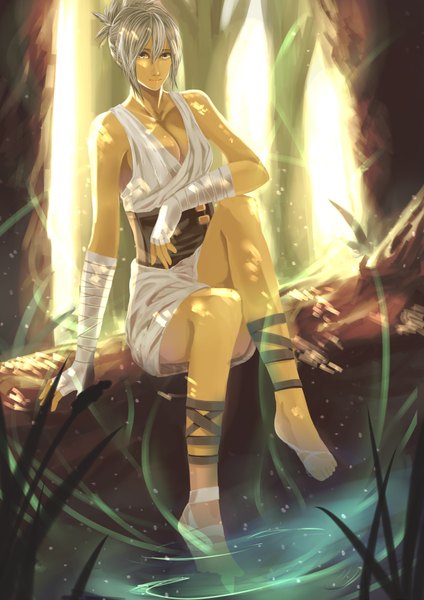 Anime picture 2480x3507 with league of legends riven (league of legends) yosuki (artist) single tall image looking at viewer highres short hair light erotic sitting bare shoulders grey hair grey eyes girl plant (plants) tree (trees) grass bandage (bandages)