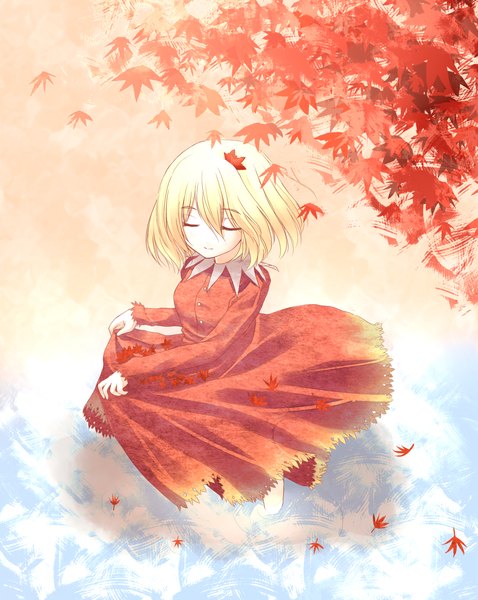 Anime picture 1364x1714 with touhou aki shizuha hiraga matsuri single tall image fringe short hair blonde hair hair between eyes eyes closed autumn girl dress leaf (leaves) red dress maple leaf