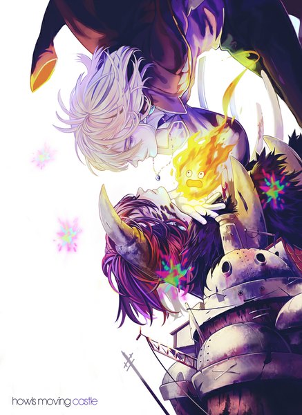 Anime picture 700x960 with howl's moving castle studio ghibli howl calcifer zwollowz tall image looking at viewer short hair simple background blonde hair white background purple eyes pink hair purple hair eyes closed profile open jacket multiple boys leaning pale skin