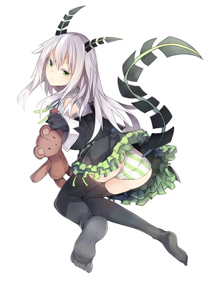 Anime picture 1125x1500 with original keid single long hair tall image looking at viewer fringe light erotic simple background hair between eyes white background green eyes silver hair full body tail looking back horn (horns) pantyshot no shoes cameltoe