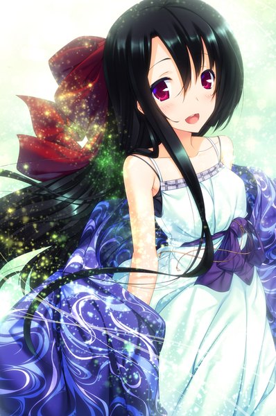 Anime picture 1346x2030 with original ayatudura long hair tall image blush open mouth black hair red eyes girl bow hair bow sundress