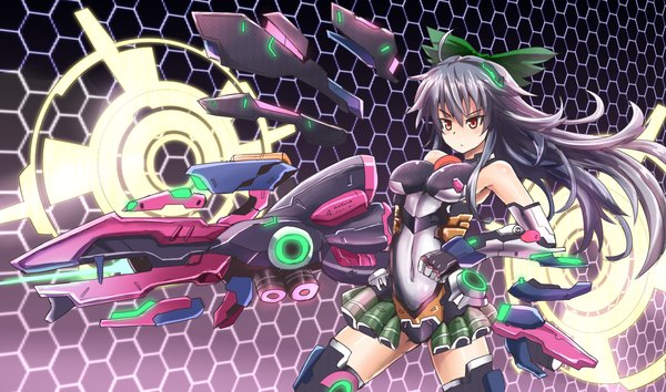 Anime picture 1270x750 with touhou reiuji utsuho sumapan single long hair breasts black hair wide image brown eyes looking away ahoge midriff mecha musume arm cannon girl skirt gloves navel bow weapon