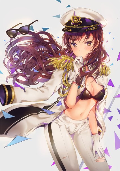 Anime picture 740x1047 with idolmaster idolmaster cinderella girls nitta minami dangmill single long hair tall image looking at viewer blush fringe breasts light erotic simple background brown hair brown eyes long sleeves grey background bare belly leaning leaning forward