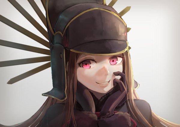 Anime picture 1200x845 with fate (series) fate/grand order chacha (fate) hsin single long hair looking at viewer simple background smile brown hair parted lips pink eyes lips grey background teeth fur trim portrait chin rest girl gloves
