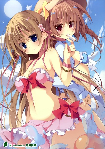 Anime picture 2543x3600 with girls, girls, girls! 10 (artbook) kisaragi kiriha long hair tall image looking at viewer blush highres breasts blue eyes light erotic red eyes brown hair multiple girls sky cloud (clouds) scan official art girl navel hair ornament