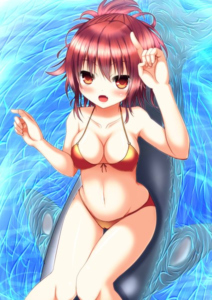 Anime picture 2893x4092 with original nyarumi single tall image looking at viewer blush highres short hair breasts open mouth light erotic red eyes red hair girl navel swimsuit animal bikini sea dolphin